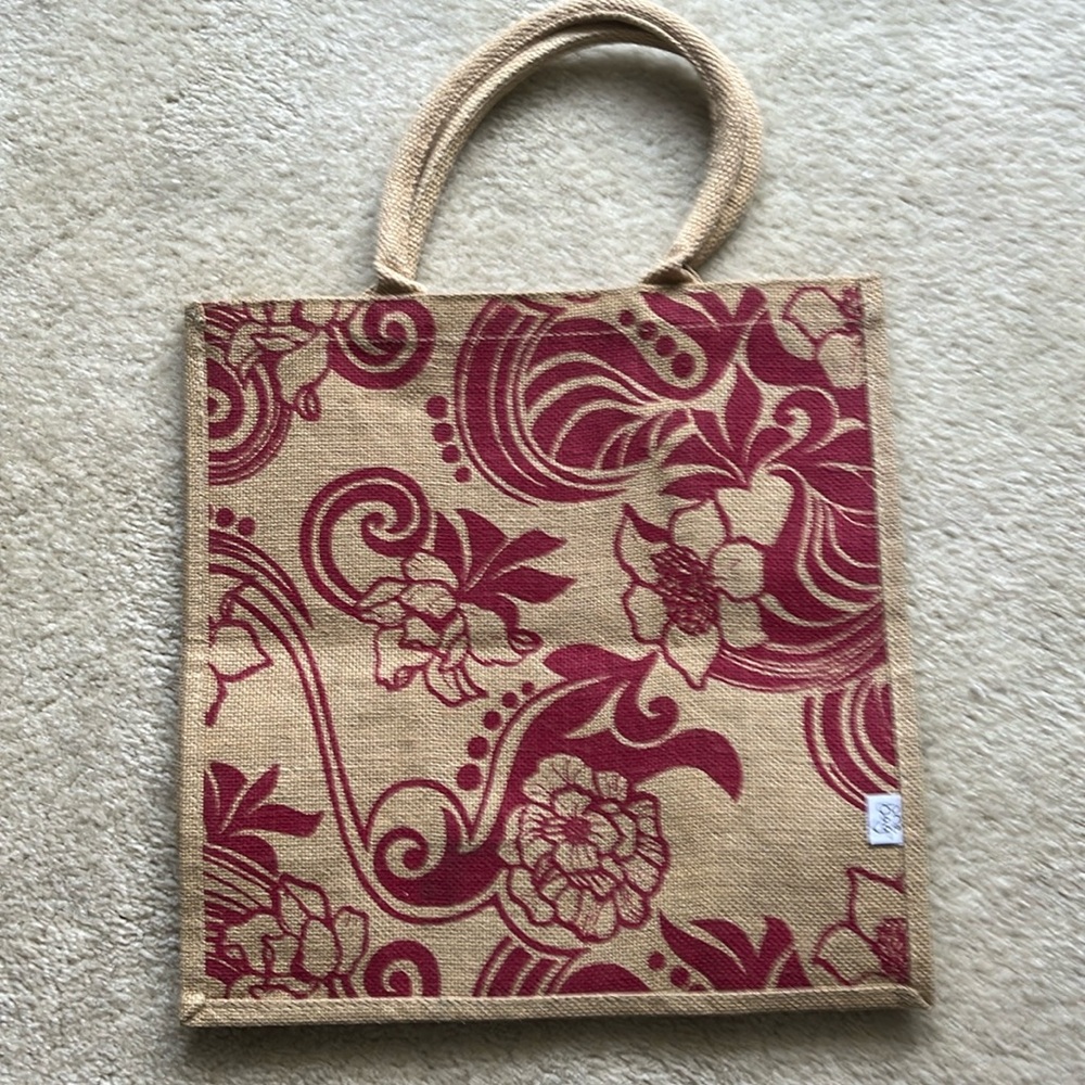 Vintage bag red brown 100% jute cotton handles